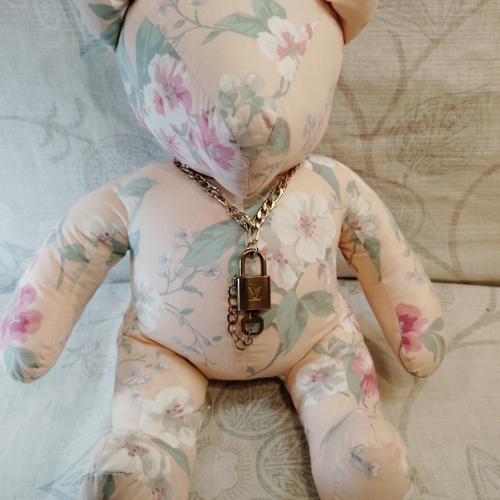 Floral Teddy Bear With Louis Vuitton Lock #308 And Key On A Goldtone Chain